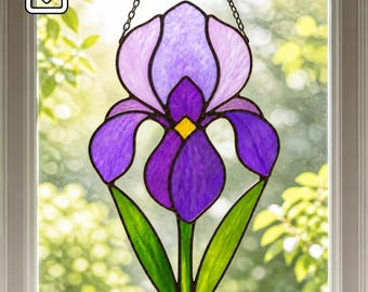 Motivo a vetrata con iris, modello acchiappasole floreale SVG PDF PNG, adatto ai principianti