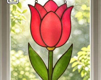 Motivo a vetrata con tulipani, modello acchiappasole floreale in formato SVG, PDF e PNG, arte floreale su vetro per principianti