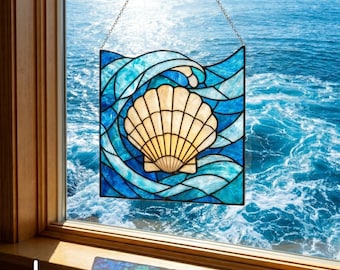 Seashell Stained Glass Pattern, Ocean Wave Panel SVG PDF PNG, Coastal Suncatcher Template