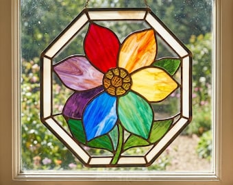Motivo a vetrata con fiori arcobaleno, modello acchiappasole a forma di fiore in formato SVG, PDF e PNG, design da appendere alla finestra ottagonale.