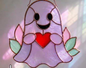 Fantasmino carino con cuore, motivo per vetrata artistica, acchiappasole di Halloween SVG PDF PNG, motivo per arte su vetro per principianti