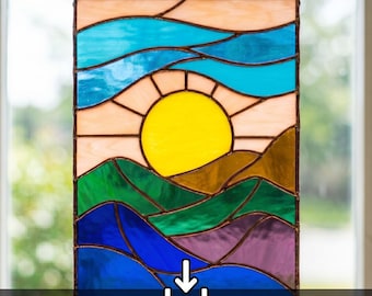 Motivo per vetrata artistica "Tramonto in montagna", modello per pannello paesaggistico, acchiappasole al tramonto SVG PDF PNG, modello per arte del vetro per principianti