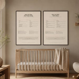 May include: Two framed posters with beige backgrounds and black text hanging above a wooden crib. The left poster is titled When the Baby Won't Stop Crying and the right poster is titled When the Baby Won't Sleep, both featuring lists of tips.