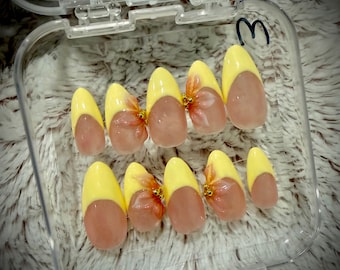 Butter Yellow French Tip Press-On Nails with Pink Flower Accent – Summer Set