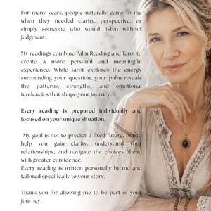May include: A person with blonde hair wearing a cream-colored blouse with lace details and a dark oval pendant necklace. The image includes text that begins with 'Hello, I'm Pinar' and describes palm reading and tarot services for personal clarity.