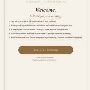 Op de afbeelding: Een digitale instructiekaart getiteld HOW IT WORKS PINAR TAROT - A PRIVATE READING. Het bevat vijf stappen voor een tarot-lezing, een bruine knop met de tekst BEGIN MY READING, een URL en de afsluitende tekst Take your time. The cards are patient. Pinar.