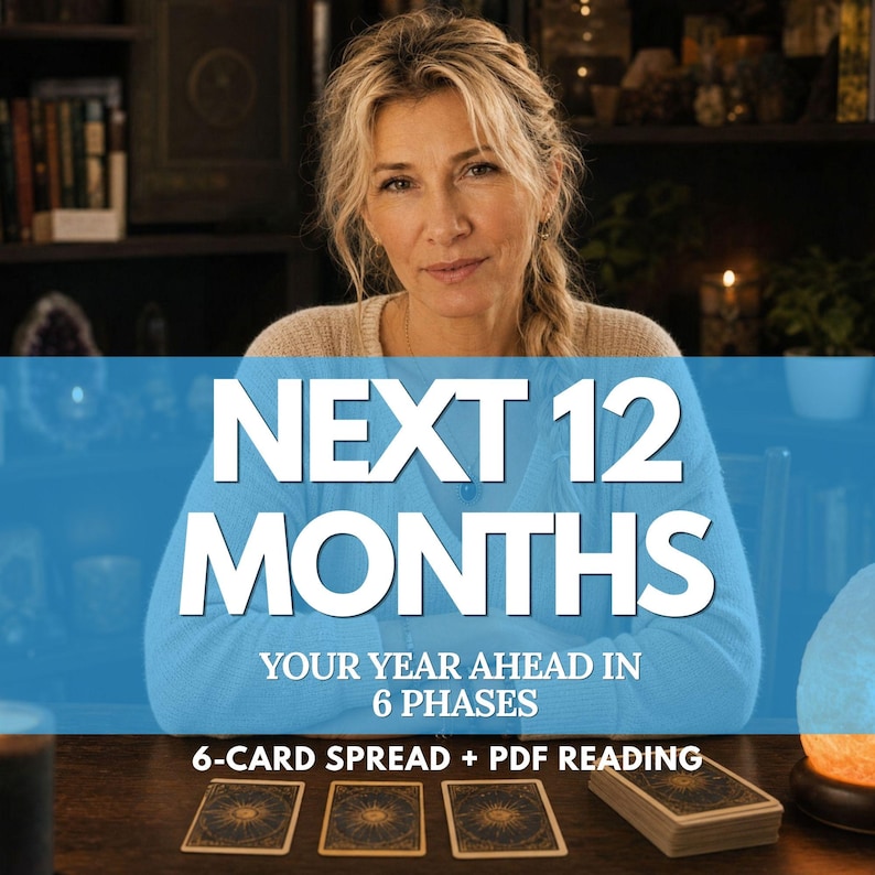 May include: A tarot card reading service featuring a 6-card spread and PDF report. The image displays three tarot cards laid out on a wooden table with a deck nearby. Text overlay reads: NEXT 12 MONTHS, YOUR YEAR AHEAD IN 6 PHASES, 6-CARD SPREAD + PDF READING.