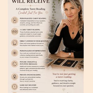 May include: An informational flyer titled WHAT YOU WILL RECEIVE detailing a tarot reading service. It lists features including a personalized reading, 3 card reading, direct answers, interpretation, psychic insights, private online access, and delivery.