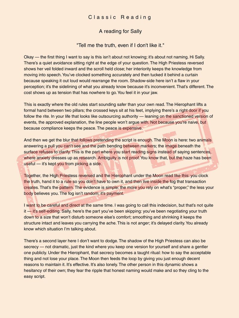 May include: A document titled Classic Reading, A reading for Sally, featuring black text on a light beige background. The content discusses tarot archetypes like The High Priestess, The Hierophant, and The Moon, with a red translucent SAMPLE watermark.
