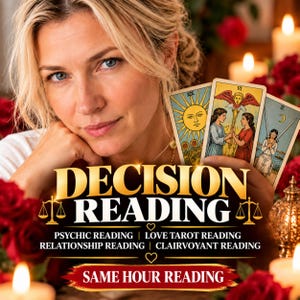 May include: A promotional graphic featuring three tarot cards, including The Sun, The Lovers, and Two of Swords. The text reads DECISION READING, PSYCHIC READING, LOVE TAROT READING, RELATIONSHIP READING, CLAIRVOYANT READING, and SAME HOUR READING.