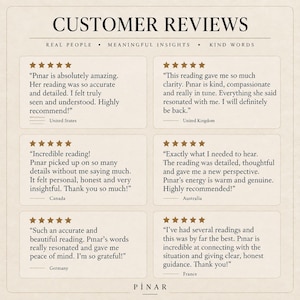 May include: A beige graphic display titled CUSTOMER REVIEWS featuring six five-star testimonials for Pinar. Each review includes text praising the accuracy, detail, and insight of the readings, with locations like United States, United Kingdom, Canada, Australia, Germany, and France listed below each box.