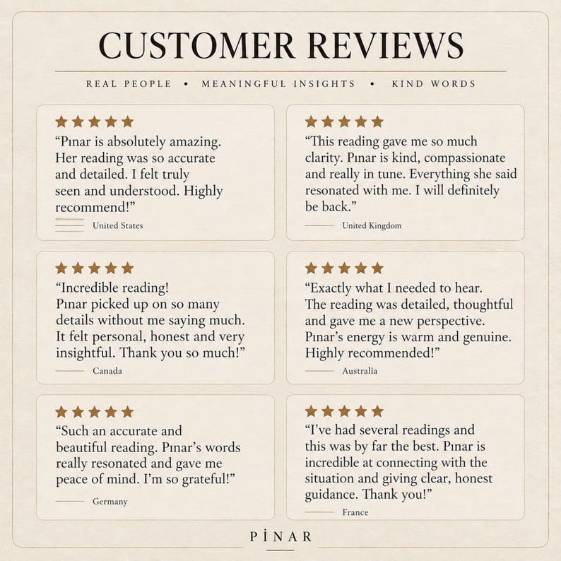 May include: A beige graphic display titled CUSTOMER REVIEWS featuring six five-star testimonials for Pinar. Each review includes text praising the accuracy, detail, and insight of the readings, with locations like United States, United Kingdom, Canada, Australia, Germany, and France listed below each box.