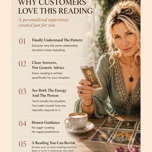 May include: A promotional graphic featuring text titled Why Customers Love This Reading, listing five benefits of a tarot service. The image shows a person in a green blouse holding a tarot card, with a coffee cup and cards on a wooden table.
