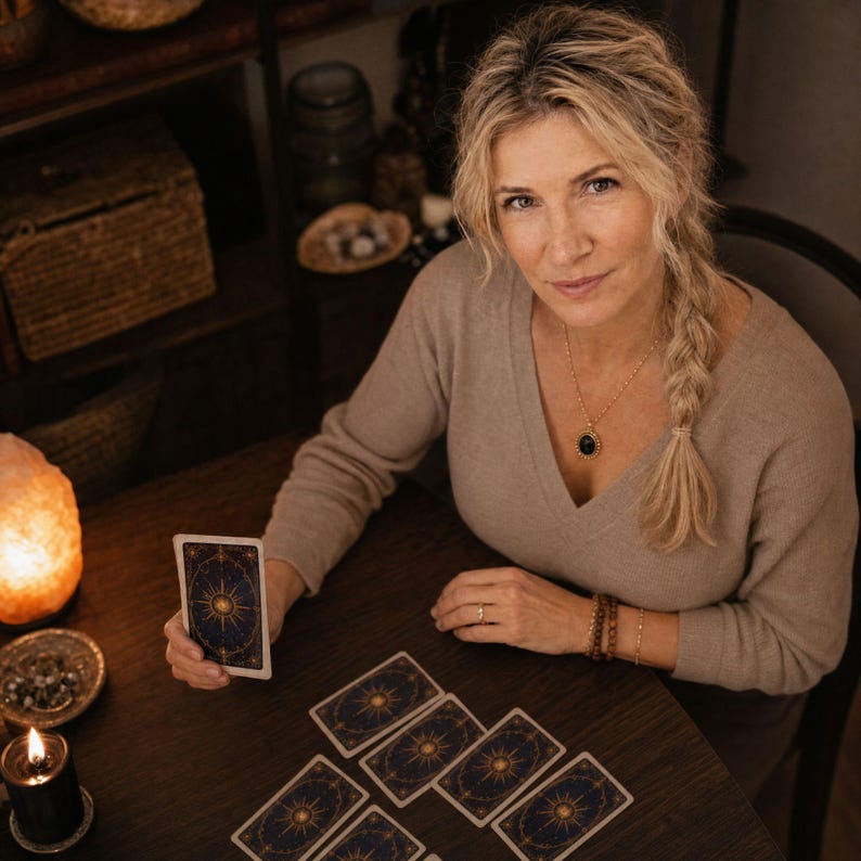 May include: A set of rectangular tarot cards featuring a dark blue background with a gold sunburst design. The cards are arranged on a dark wooden surface, with one card held upright in a hand, displaying the intricate celestial pattern.