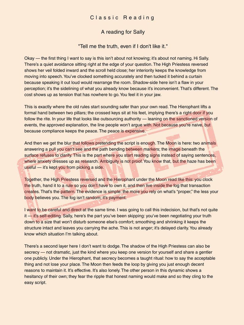 May include: A printed document titled Classic Reading, A reading for Sally, featuring black text on a light beige background. The content discusses tarot archetypes like the High Priestess, Hierophant, and Moon, overlaid with a red SAMPLE watermark.