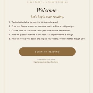 May include: A digital instruction card titled HOW IT WORKS PINAR TAROT - A PRIVATE READING. It lists five steps for a tarot reading, includes a brown button labeled BEGIN MY READING, a URL, and the closing text Take your time. The cards are patient. Pinar.
