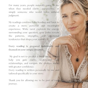 May include: A person with blonde hair wearing a cream-colored blouse with lace details and a dark oval pendant necklace. The image includes text that begins with 'Hello, I'm Pinar' and describes palm reading and tarot services for personal clarity.