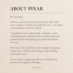 May include: A beige informational card titled ABOUT PINAR in black text. The content introduces Pinar, explaining that readings are written personally, not automated, covering love, relationships, career, and life guidance, delivered via Etsy Messages.