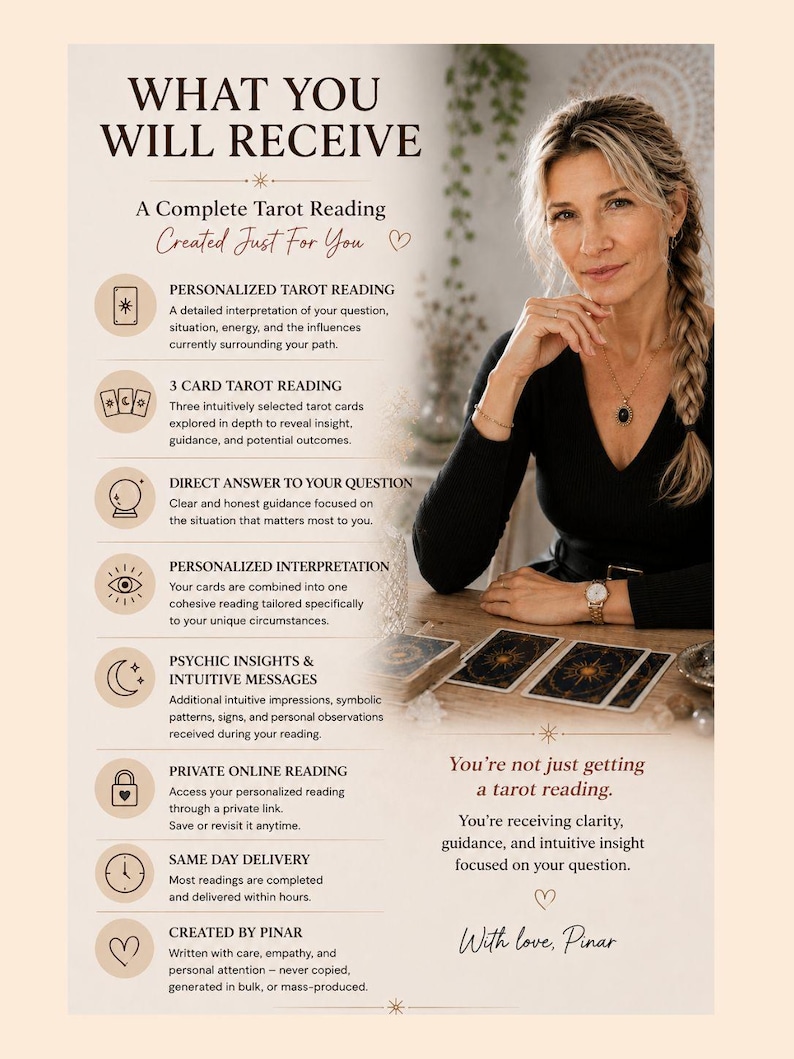May include: An informational flyer titled WHAT YOU WILL RECEIVE detailing a tarot reading service. It lists features including a personalized reading, 3 card reading, direct answers, interpretation, psychic insights, private online access, and delivery.