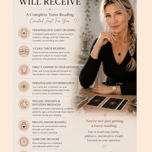 May include: An informational flyer titled WHAT YOU WILL RECEIVE detailing a tarot reading service. It lists features including a personalized reading, 3 card reading, direct answers, interpretation, psychic insights, private online access, and delivery.
