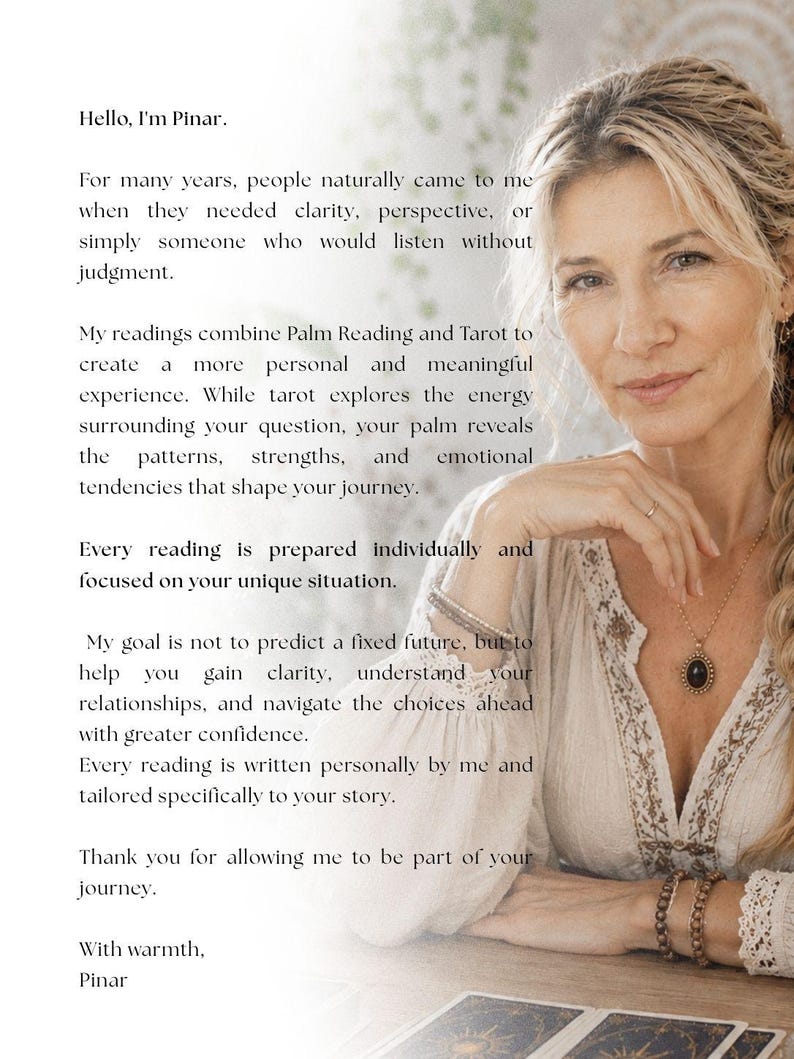 May include: A person with blonde hair wearing a cream-colored blouse with lace details and a dark oval pendant necklace. The image includes text that begins with 'Hello, I'm Pinar' and describes palm reading and tarot services for personal clarity.