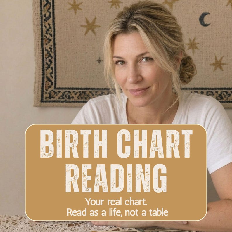 K&ouml;nnte beinhalten: Ein rechteckiges beiges Schild mit wei&szlig;em Text, der BIRTH CHART READING, Your real chart. Read as a life, not a table lautet. Das Schild befindet sich vor einer Person in einem wei&szlig;en T-Shirt, mit einem beigen Wandbehang mit goldenen Sternen und Mond.