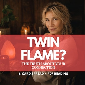 May include: A digital reading service featuring the text TWIN FLAME? THE TRUTH ABOUT YOUR CONNECTION 6-CARD SPREAD + PDF READING. The image displays a person in a light-colored sweater with a glowing salt lamp and tarot cards.