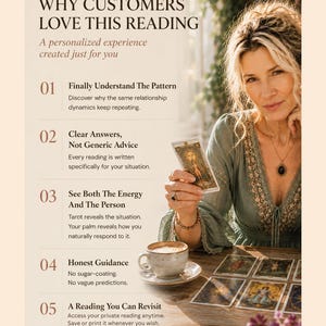 May include: A promotional graphic featuring text titled Why Customers Love This Reading, listing five benefits of a tarot service. The image shows a person in a green blouse holding a tarot card, with a coffee cup and cards on a wooden table.