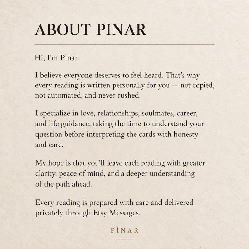 May include: A beige informational card titled ABOUT PINAR in black text. The content introduces Pinar, explaining that readings are written personally, not automated, covering love, relationships, career, and life guidance, delivered via Etsy Messages.