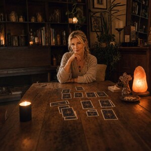 May include: A person wearing a beige knit sweater sits at a rustic wooden table with a spread of tarot cards. A black candle sits on the left, while a glowing orange salt lamp and a small vase of dried flowers are positioned on the right.