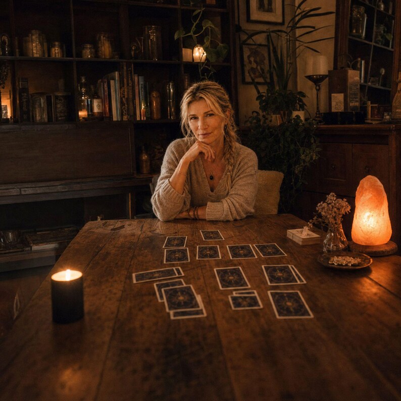 May include: A person wearing a beige knit sweater sits at a rustic wooden table with a spread of tarot cards. A black candle sits on the left, while a glowing orange salt lamp and a small vase of dried flowers are positioned on the right.