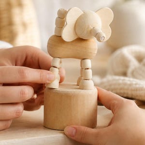 Personalized Wooden Elephant Push Puppet, Custom Name Press Up Toy, Dancing Animal Desk Decor, Montessori Gift, Nursery Shelf Keepsake Decor