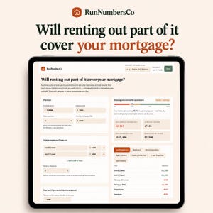 Op de afbeelding: Een tabletscherm met de interface van de financiële rekenmachine RunNumbersCo. De pagina bevat de tekst Will renting out part of it cover your mortgage? samen met invoervelden voor aankoopprijs, afsluitkosten en huurinkomsten.