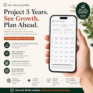 Op de afbeelding: Een smartphone met een Rental ROI Calculator web-app en een 5-jarige projectietabel. Het scherm toont kolommen voor jaarlijkse huur, cashflow en vastgoedwaarde. De tekst bevat Project 5 Years, See Growth, Plan Ahead en REI Calculators.