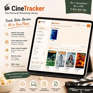 Op de afbeelding: Een tablet met de CineTracker web-app interface, met een dashboard voor filmcollecties met posters voor The Bear, Parasite, Interstellar, Poor Things en Dune: Part Two. De tekst bevat Track, Rate, Review, All in One Place.