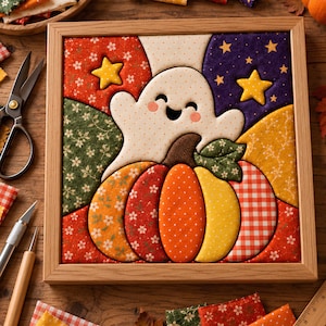 May include: A square fabric wall art piece in a light wood frame featuring a quilted design of a smiling ghost sitting on a pumpkin. The background consists of colorful fabric patches in orange, green, yellow, and purple with yellow star accents.
