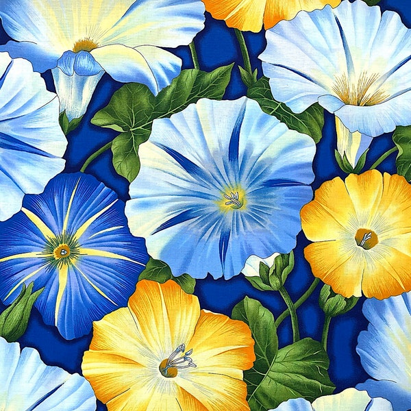 Yellow and Blue Morning Glory Fabric - Cotton Fabric - Flower Fabric - FL-283