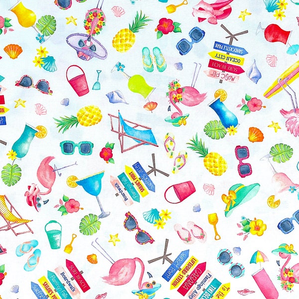 Fun in the Sun Motifs White - Beach Fabric - Flamingo Fabric - Cotton Fabric - Quilting Fabric - Andi Metz - NAU-108