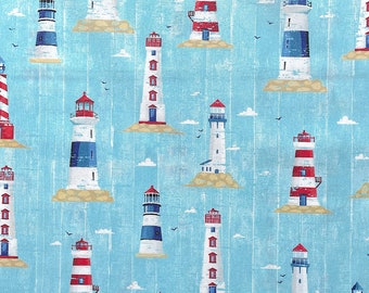 Light House Fabric - Vitamin Sea Collection -Salty Vibes - Designer Michael Miller - Quilting Fabric - Red White and Blue - NAU-105