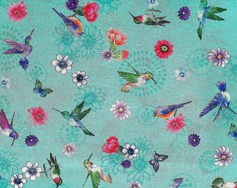 Desert Blooms - Hummingbirds Fabric - Aqua Bird Fabric - BIRD-70