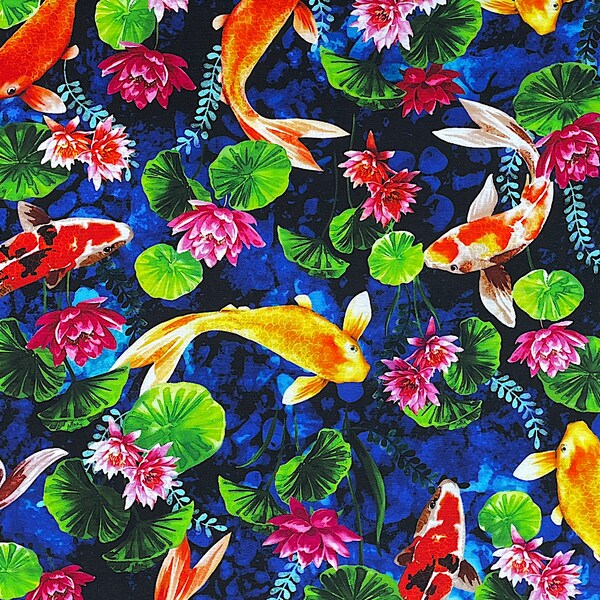 Koi Pond - Navy Koi Habitat - Fish Fabric - Cotton Fabric - Quilting Fabric - Michael Miller - FISH-39