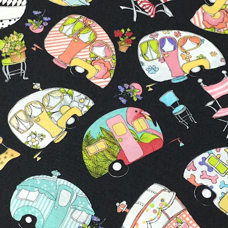 Loralie Vintage Holiday Camper RV Toss Black Cotton Fabric Camp Trailers YARD