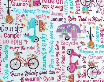 Enjoy the Ride - Ride on Words White - Travel Trailer Fabric - Bicycle Fabric - Scooter Fabric -  CAMP-71