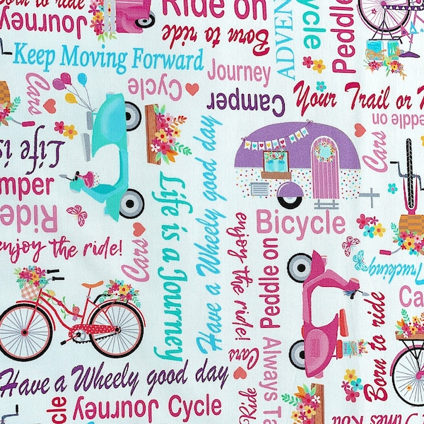 Enjoy the Ride - Ride on Words White - Travel Trailer Fabric - Bicycle Fabric - Scooter Fabric -  CAMP-71