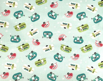 Glamp Camp Travel Trailers Mint - Camping Fabric - Travel Trailer Fabric - Cotton Fabric - CAMP-52