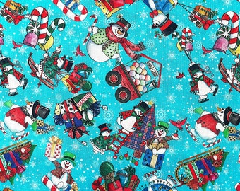 Snowman Fabric - Snowman Follies Blue - Christmas Fabric - XMAS-147