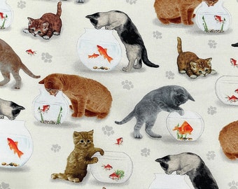 Cats and Fish Bowl - Cat Fabric - CAT-134