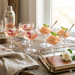 May include: Six stemmed glass coupes arranged on a wooden surface. Two glasses contain a pink liquid with raspberries and white flowers. Two glasses hold a peach-colored sorbet with mint leaves and spoons. A metal shaker and a book are nearby.