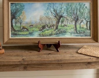 Vintage Panoramic Cow Oil Painting in Mid Century Wood Frame, Pastoral Landscape with Cows and Willow Trees, Original Framed Art