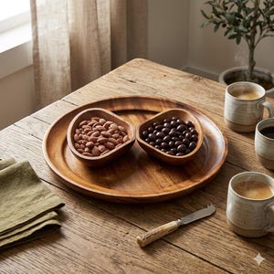 May include: A large round wooden serving tray holding two small, irregular, teardrop-shaped wooden bowls. One bowl is filled with brown almonds, and the other contains dark chocolate-covered candies. A small metal knife with a textured handle sits nearby.